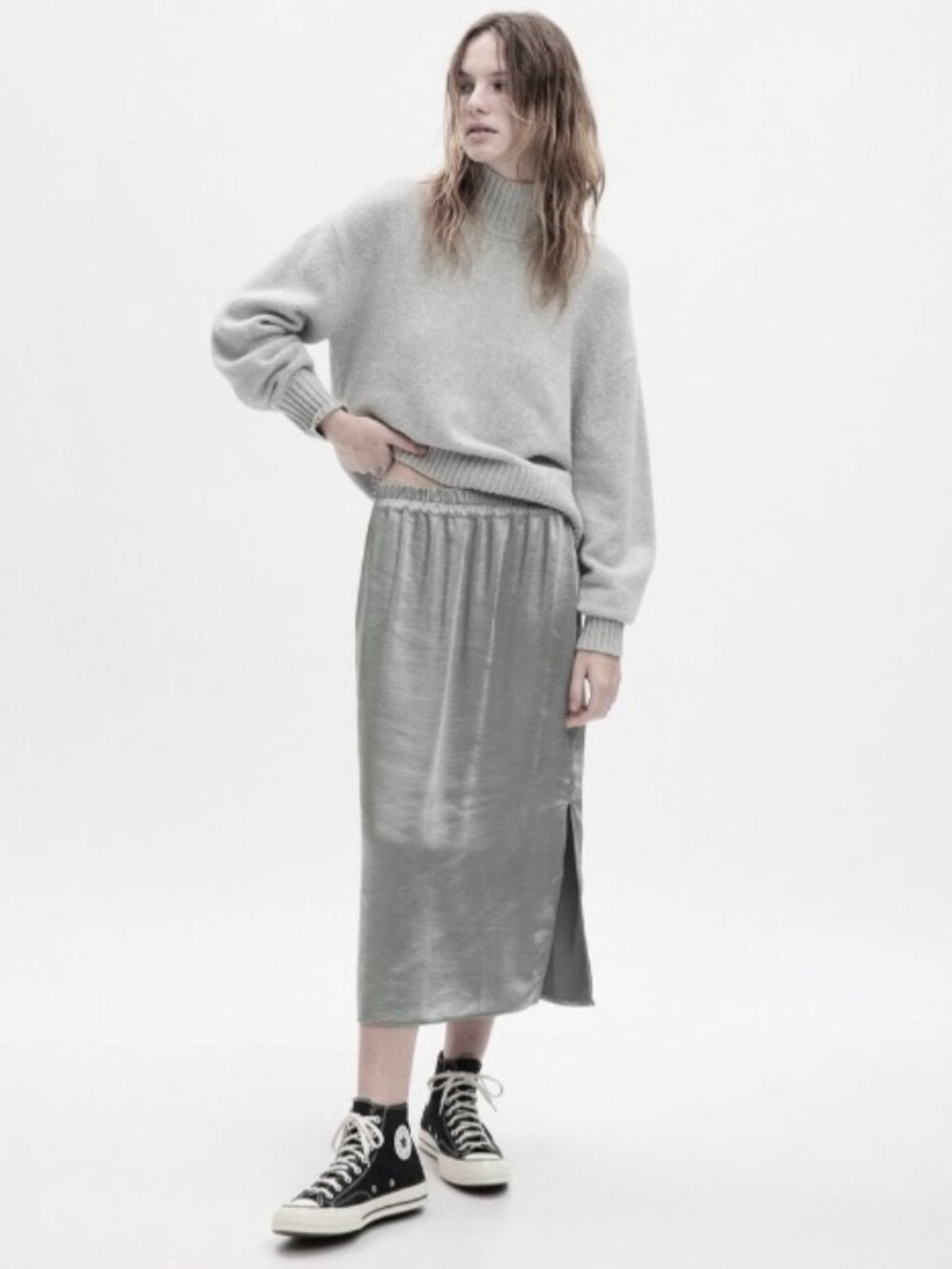 Gap- Satin Midi Skirt, Silver, Large